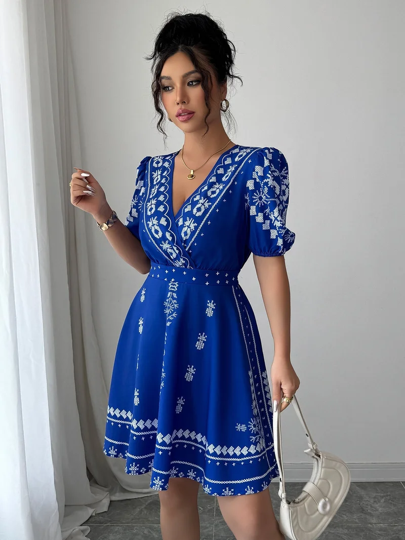 White Printed V-Neck Dress